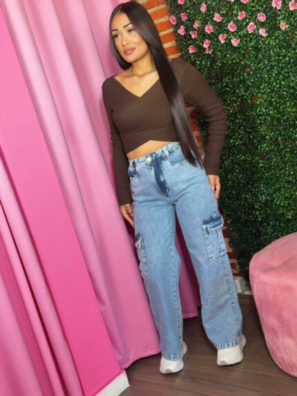 Calça Jeans Cargo Wide Leg Clara