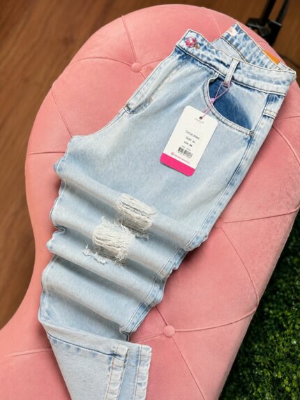 Calça Jeans Mom - Faixa Rosa