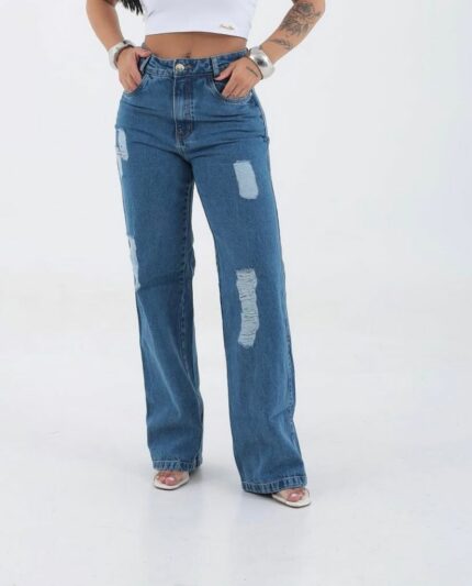 Calça Jeans Wide Leg - Faixa Rosa